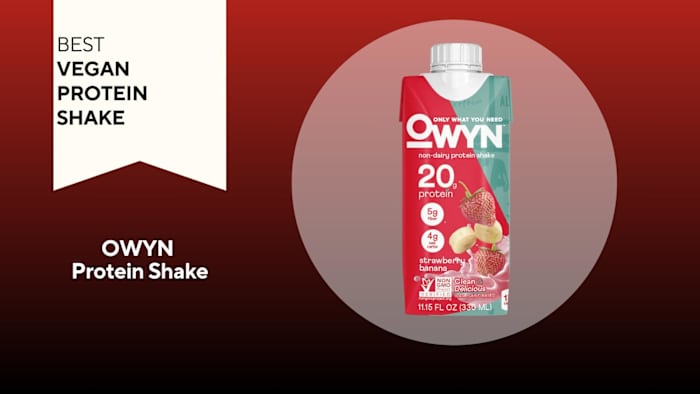 A red background with a white banner reading "Best Vegan Protein Shake" next to a red and teal carton of OWYN plant protein shake in Strawberry Banana flavor